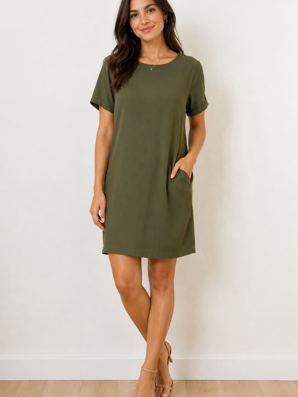 Lulu Casual Olive Green Short Sleeve Shift Dress